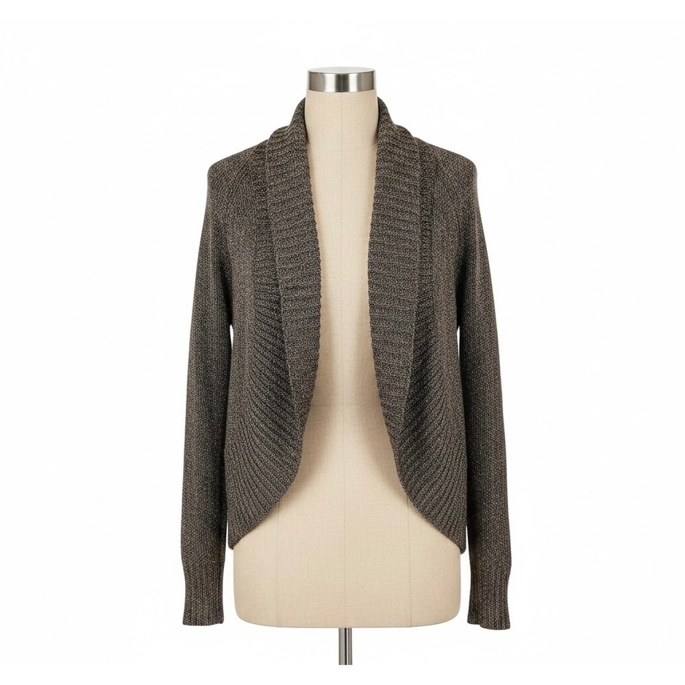 Chicos Metallic Shimmer Open Front Cardigan Brown‎ Gold Knit Size 2 L